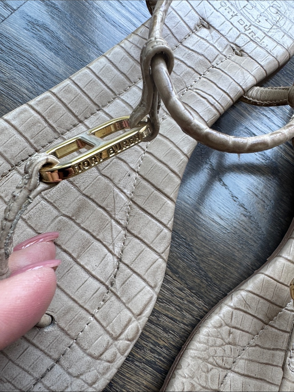 Tory Burch Croc-Embossed T-Strap Sandals in Beige with Gold Hardware - Picture 4 of 7